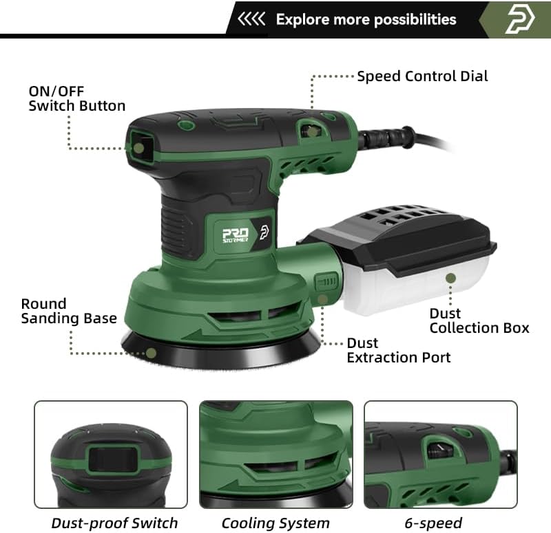 5-In Random Orbital Sander 8000-13000RPM, 2.6AMP Palm Sander 6 Variable Speeds, 21PCS Sandpapers