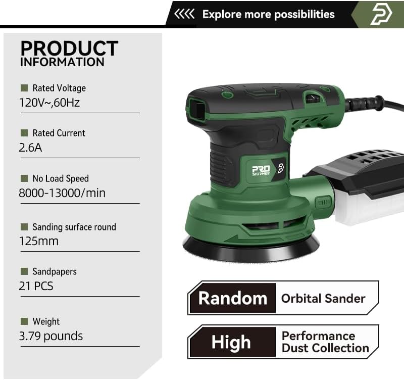 5-In Random Orbital Sander 8000-13000RPM, 2.6AMP Palm Sander 6 Variable Speeds, 21PCS Sandpapers