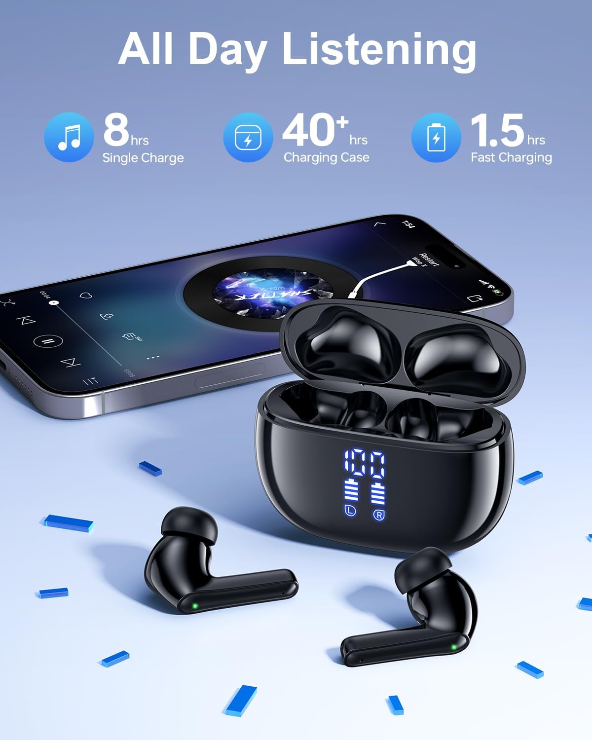 Wireless Earbuds, Bluetooth, 40H Playtime, Stereo Deep Bass, LED Power Display, IPX7, Lightweight, with Mic