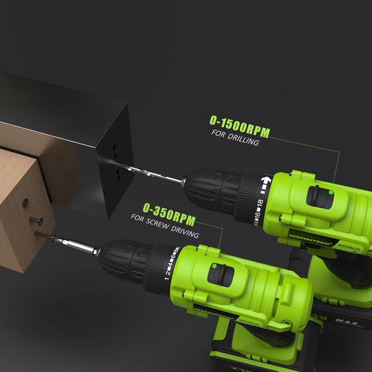 20V Cordless Drill, 2 Batteries, Charger, 3/8In Chuck, Variable Speed, 25+1 Torque Setting