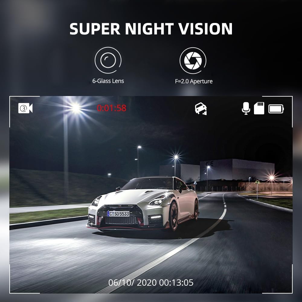 Dual Dash Cam Front & Rear, Free 64GB Card, Built-in ADAS G-Sensor, 24H Parking Mode