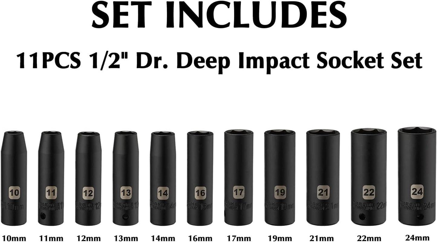 11PCS 1/2 In Drive Deep Impact Socket Set, Metric, 6-Point, CR-V, 11 Pieces 1/2" 10mm - 24mm