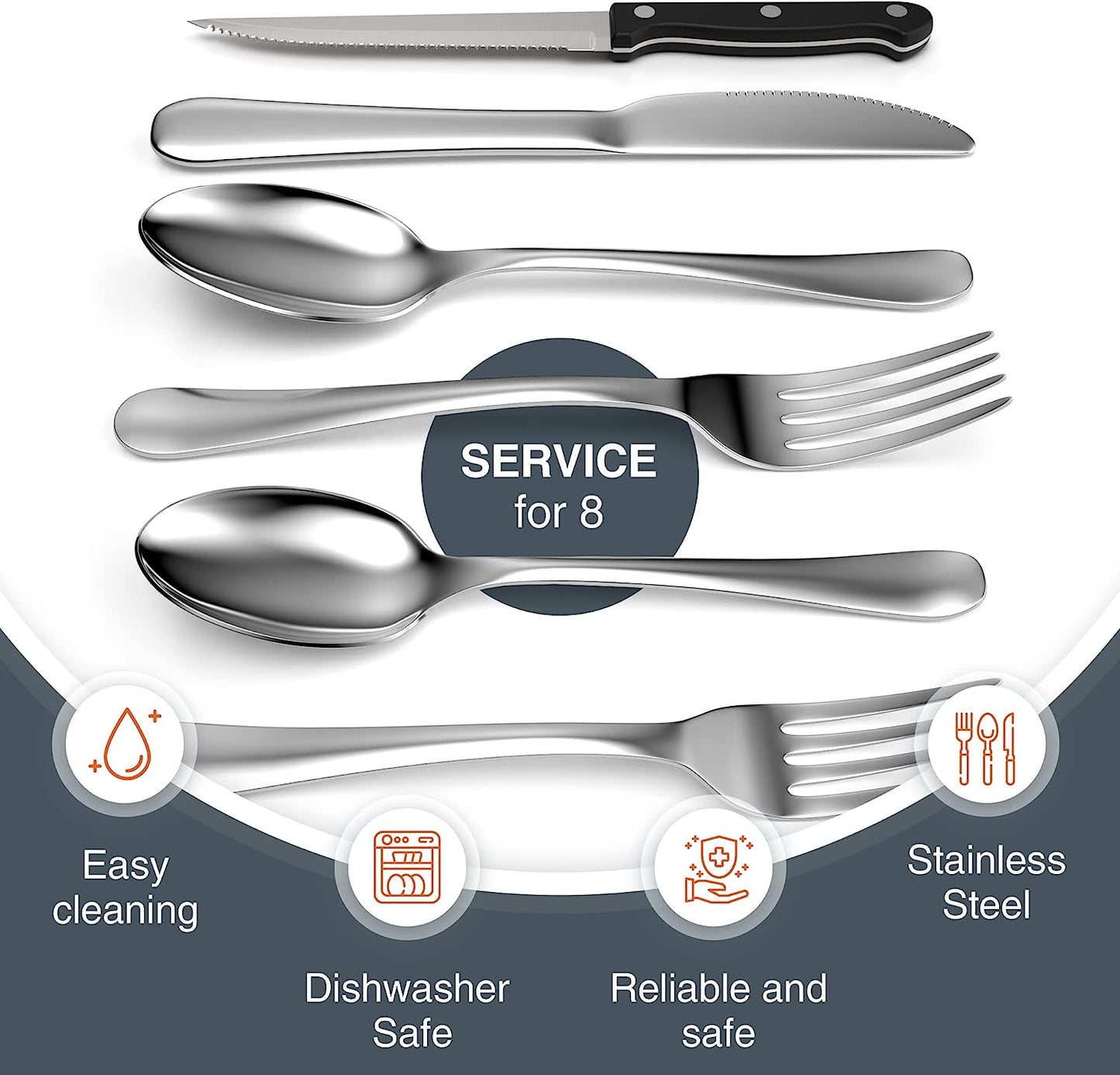 48 Piece Silverware Set, Service for 8, Knives, Fork & Spoon, Dishwasher Safe