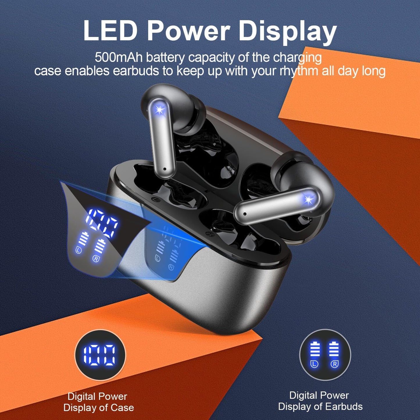 Wireless Earbuds Bluetooth, 50H Playtime, Mic, LED, IPX7 Waterproof, Deep Bass Stereo