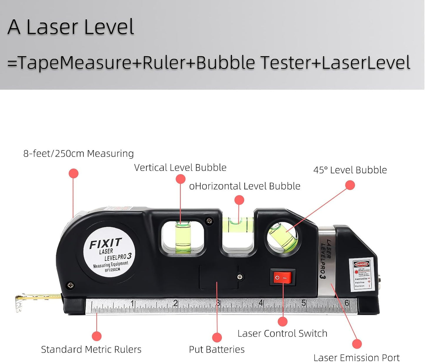Laser Level Line Tool, Leveler Beam Tool, Metric Rulers 8ft/2.5M, Multipurpose