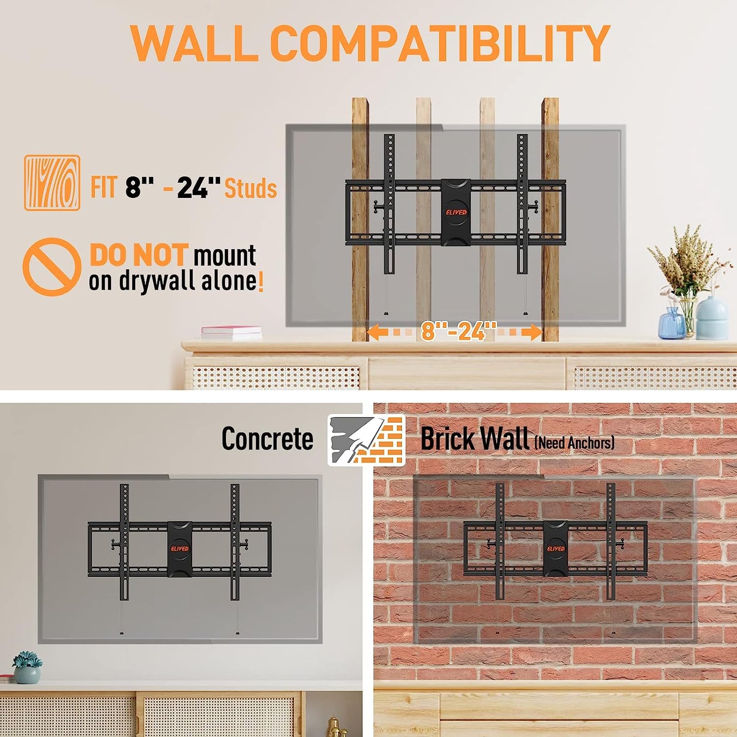 TV Wall Mount 37-75 Inch TVs, Holds up to 120 lbs, Universal, Adjustable Tilt, Fits 8"-24" Studs