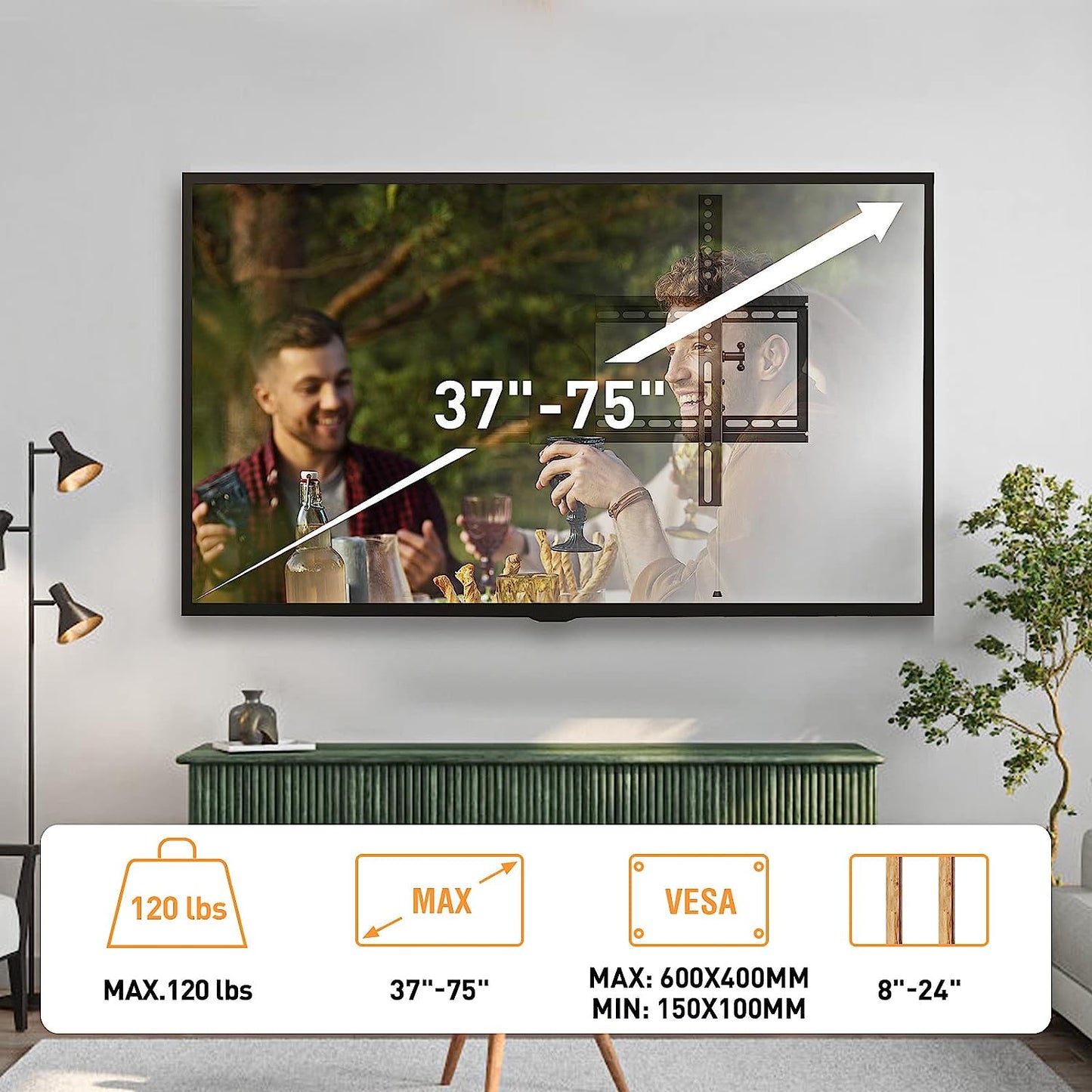 TV Wall Mount 37-75 Inch TVs, Holds up to 120 lbs, Universal, Adjustable Tilt, Fits 8"-24" Studs