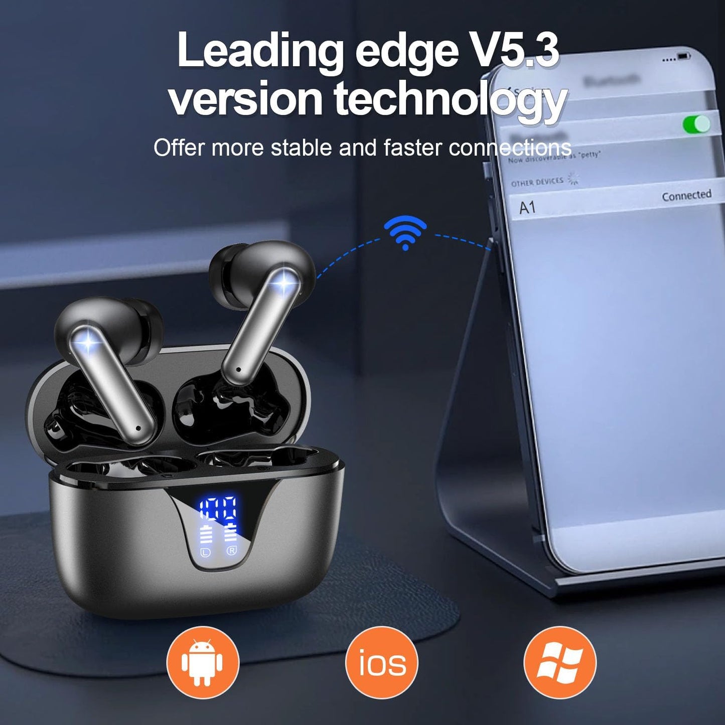 Wireless Earbuds Bluetooth, 50H Playtime, Mic, LED, IPX7 Waterproof, Deep Bass Stereo