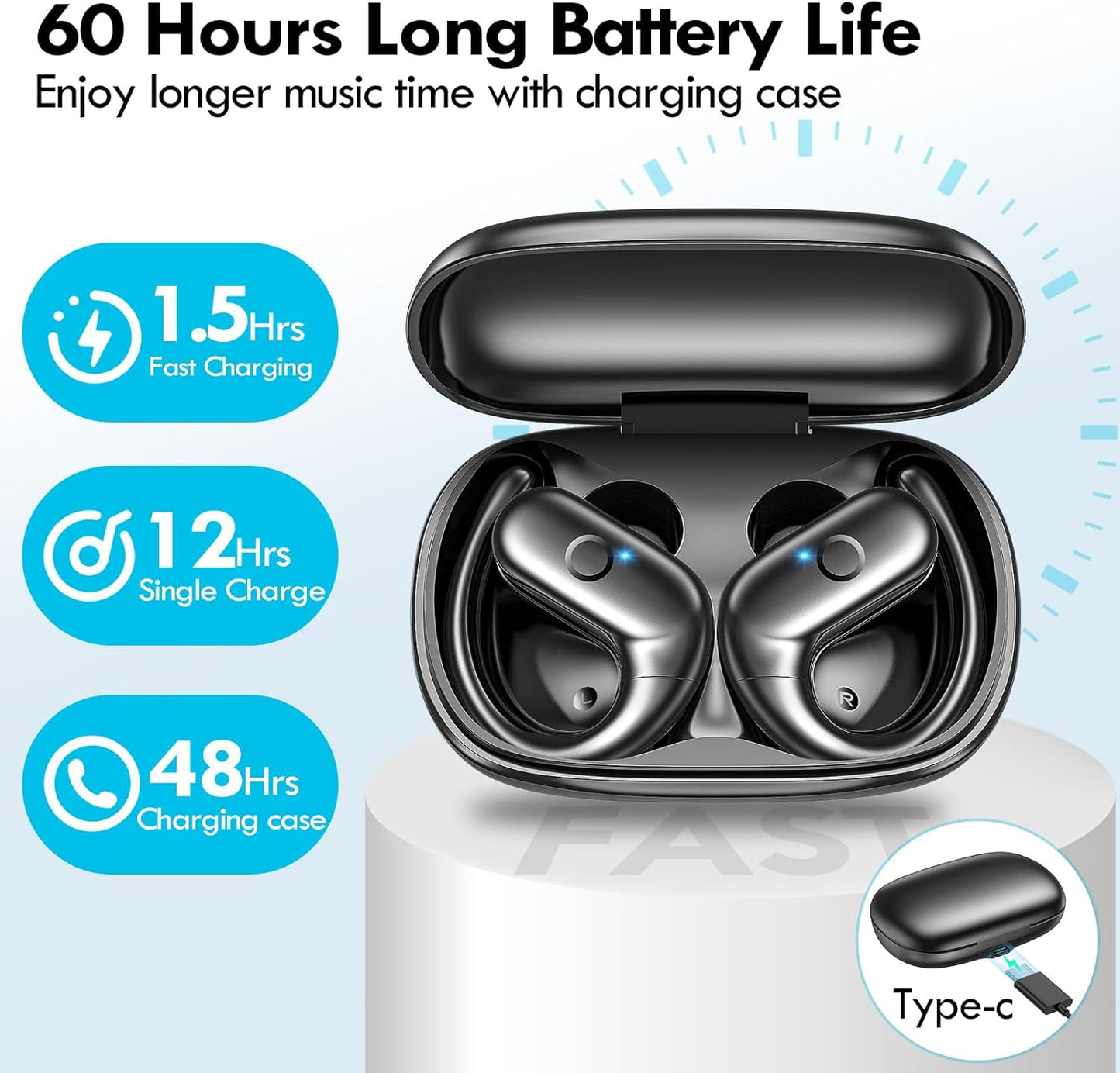 Wireless Earbuds Bluetooth Over Ear, deep bass, 60Hrs Playtime, comfort fit, Earhooks