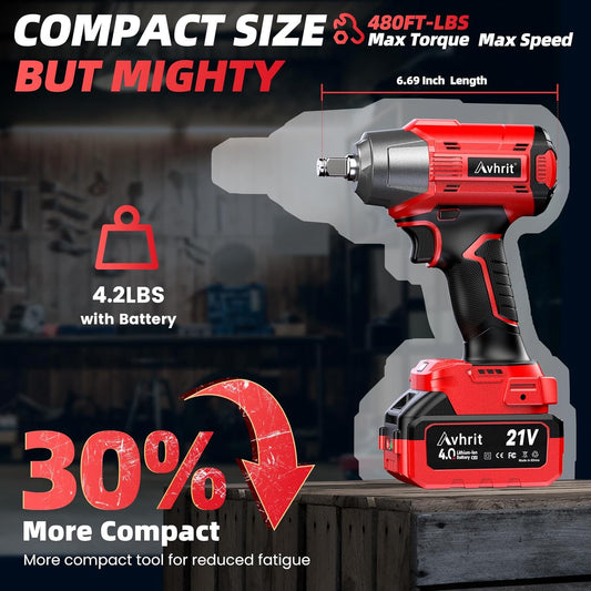 1/2In Cordless Impact Wrench, 480Ft-lbs (650N.m) Brushless, 3300RPM 2x 4000mAh Batteries, 4 Sockets