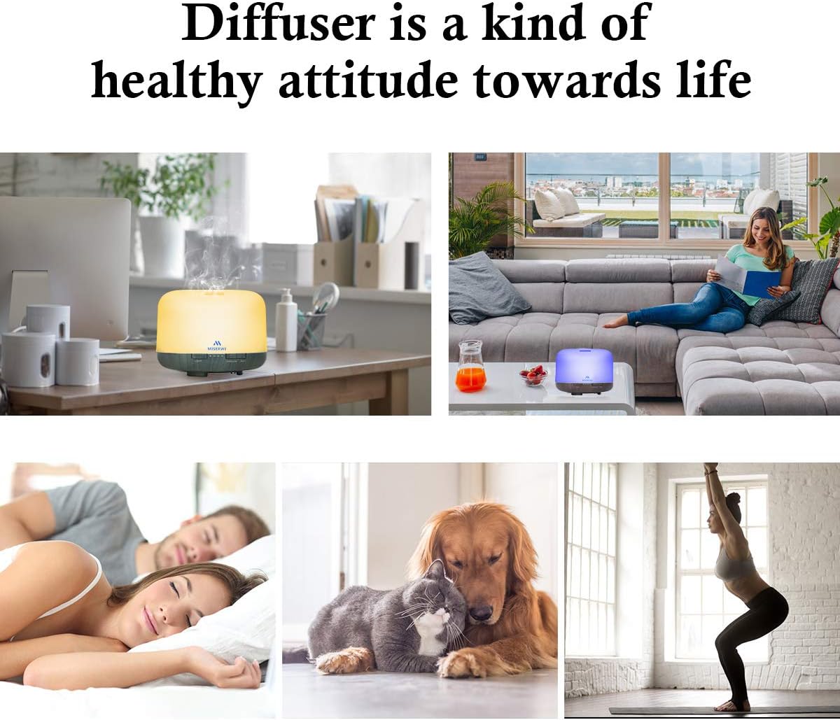 Diffuser 500ML & 10 Essential Oils, Adjustable Mist Mode & 4 Timer Setting Auto Shut-Off