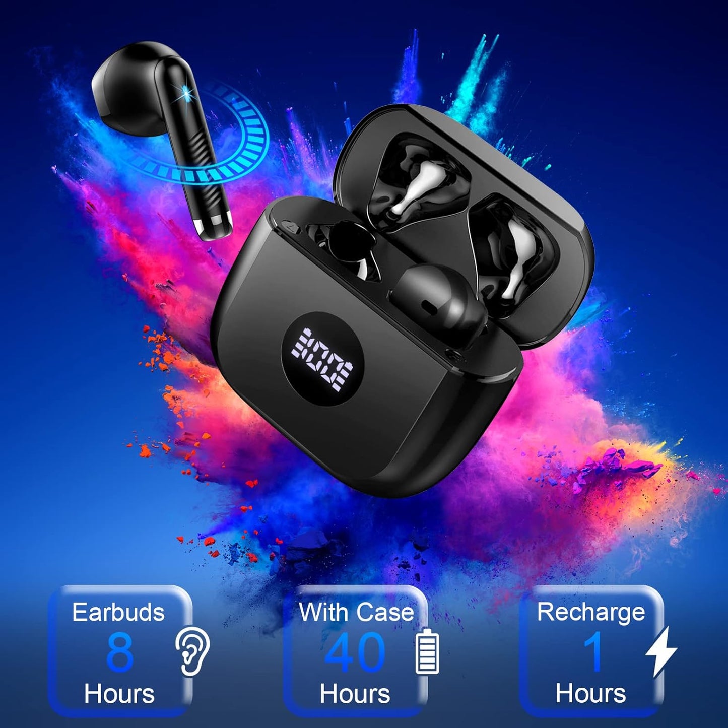 Wireless Earbuds, Bluetooth 5.4 Power Display Bass Stereo, Noise Cancelling Mic, 40H Playback IP7