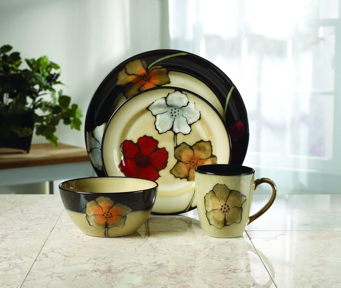 Painted Poppies 16-Piece Dinnerware Set, Service for 4, Floral Stoneware Plates, Bowls & Mugs