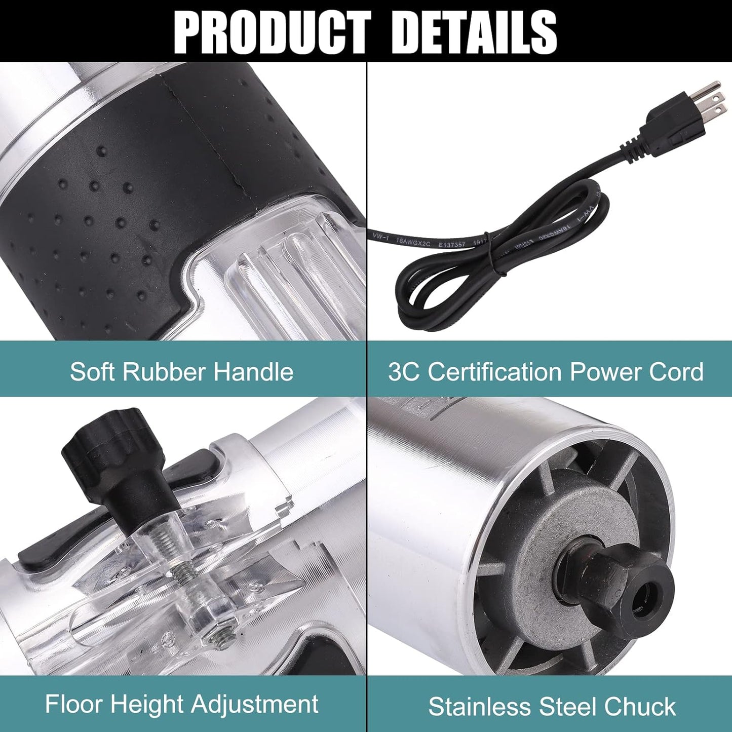 Electric Hand Wood Router, Edge Trimmer, 15PCS 1/4" Laminate Milling Engraving 110V 800W 30000R/MIN