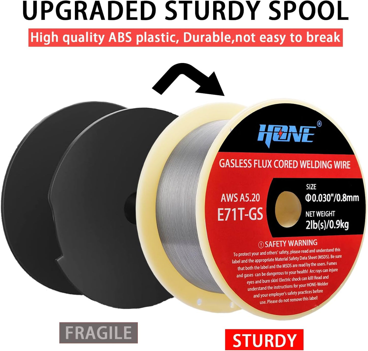 Flux Core MIG Welding Wire, .030"+.035" 2lb E71T-GS Gasless, ABS Plastic Spool, Low Splatter