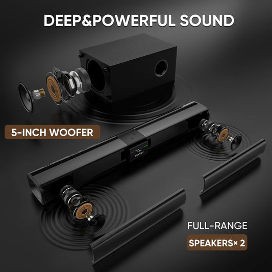 Sound Bar, 5.25 In Subwoofer, 100W 24 In Soundbar, Optical, ARC, AUX, Bluetooth 5.3 Inputs