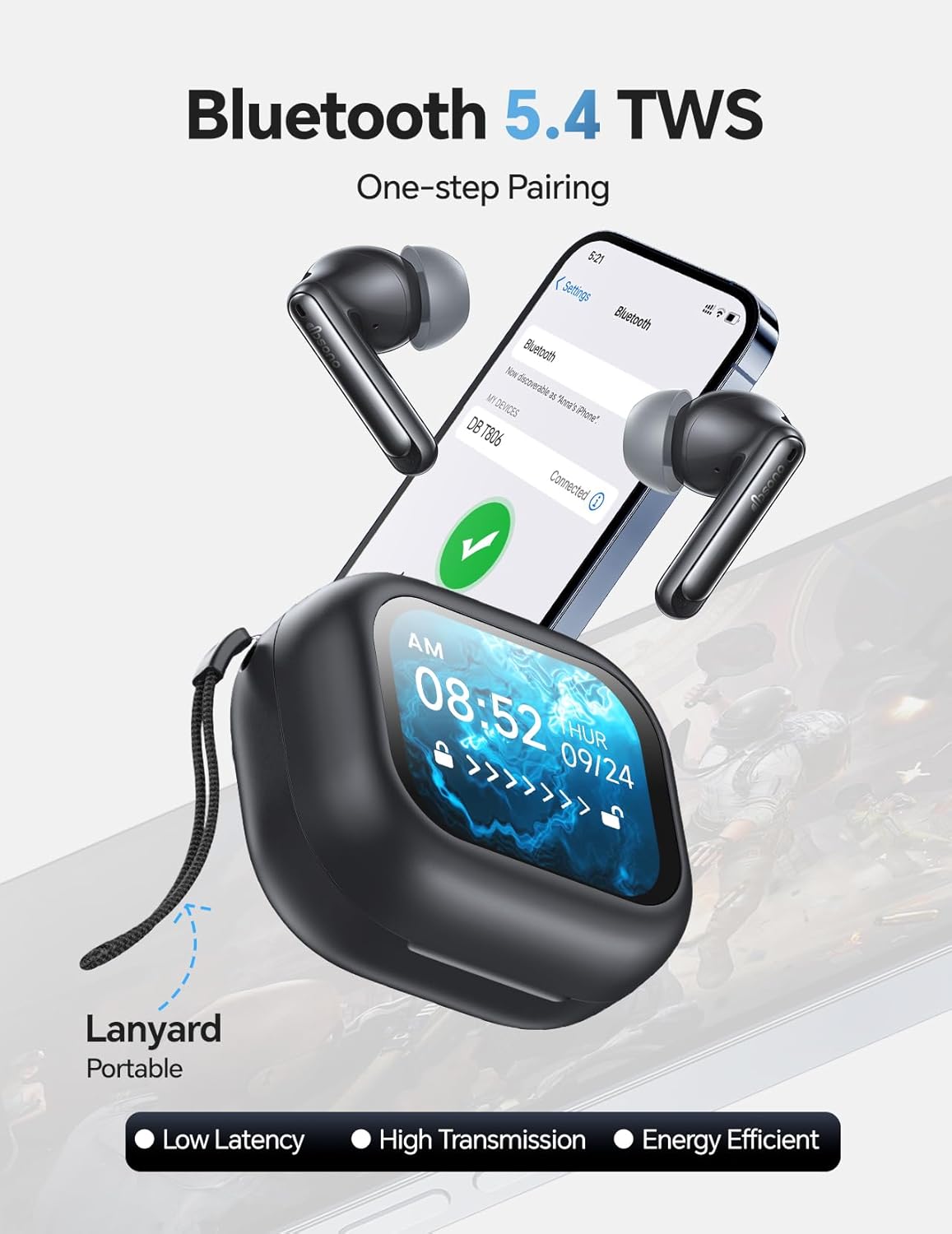 Wireless Bluetooth 5.4 Earbuds TWS, 13mm Driver Hi-Fi Deep Bass,30H Playtime, Touchscreen, Mic,IPX5