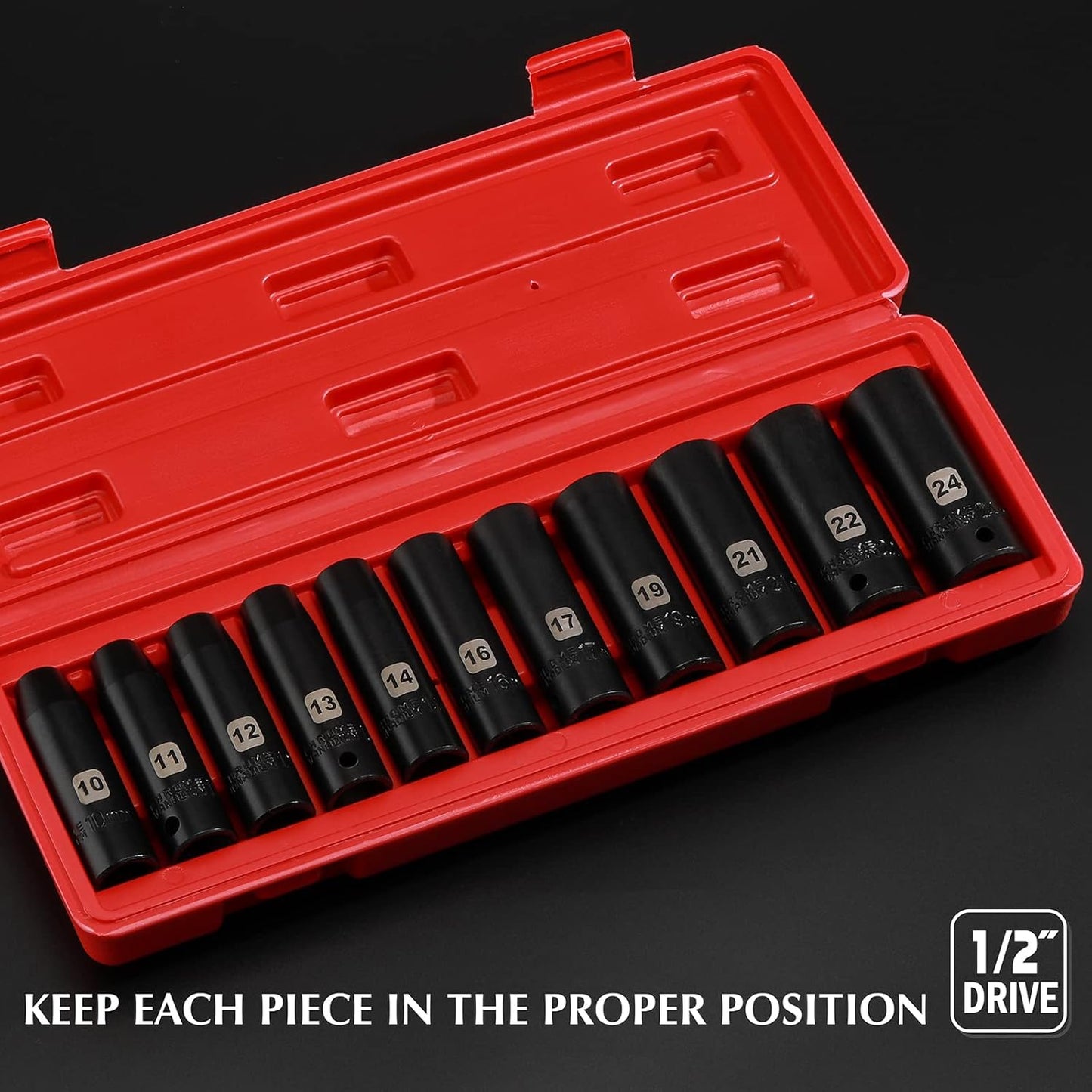 11PCS 1/2 In Drive Deep Impact Socket Set, Metric, 6-Point, CR-V, 11 Pieces 1/2" 10mm - 24mm