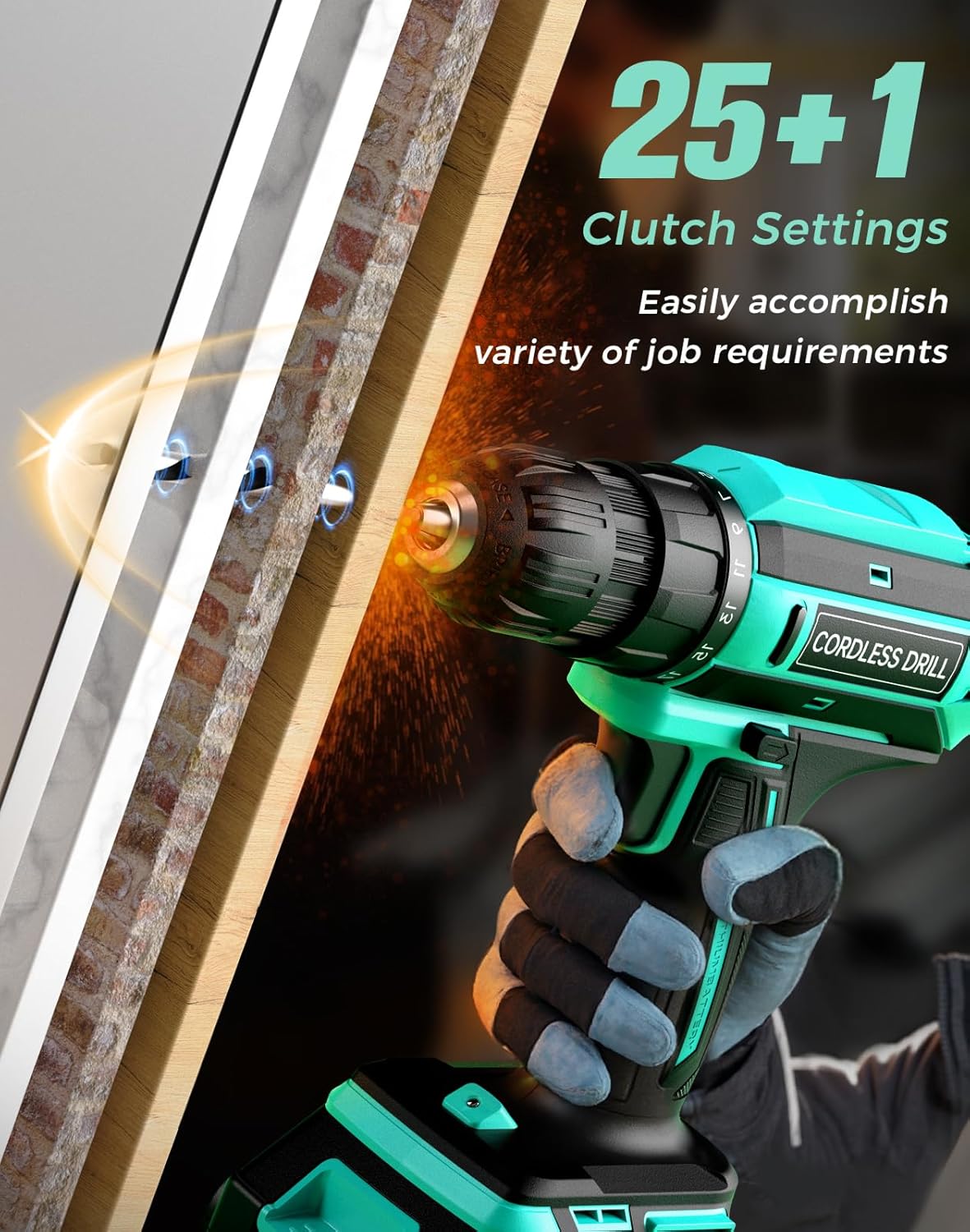 20V MAX Cordless Drill, 2 Batteries & Charger, 3/8 In Keyless Chuck, Variable Speed, 25+1 Position & 56PCS Bits