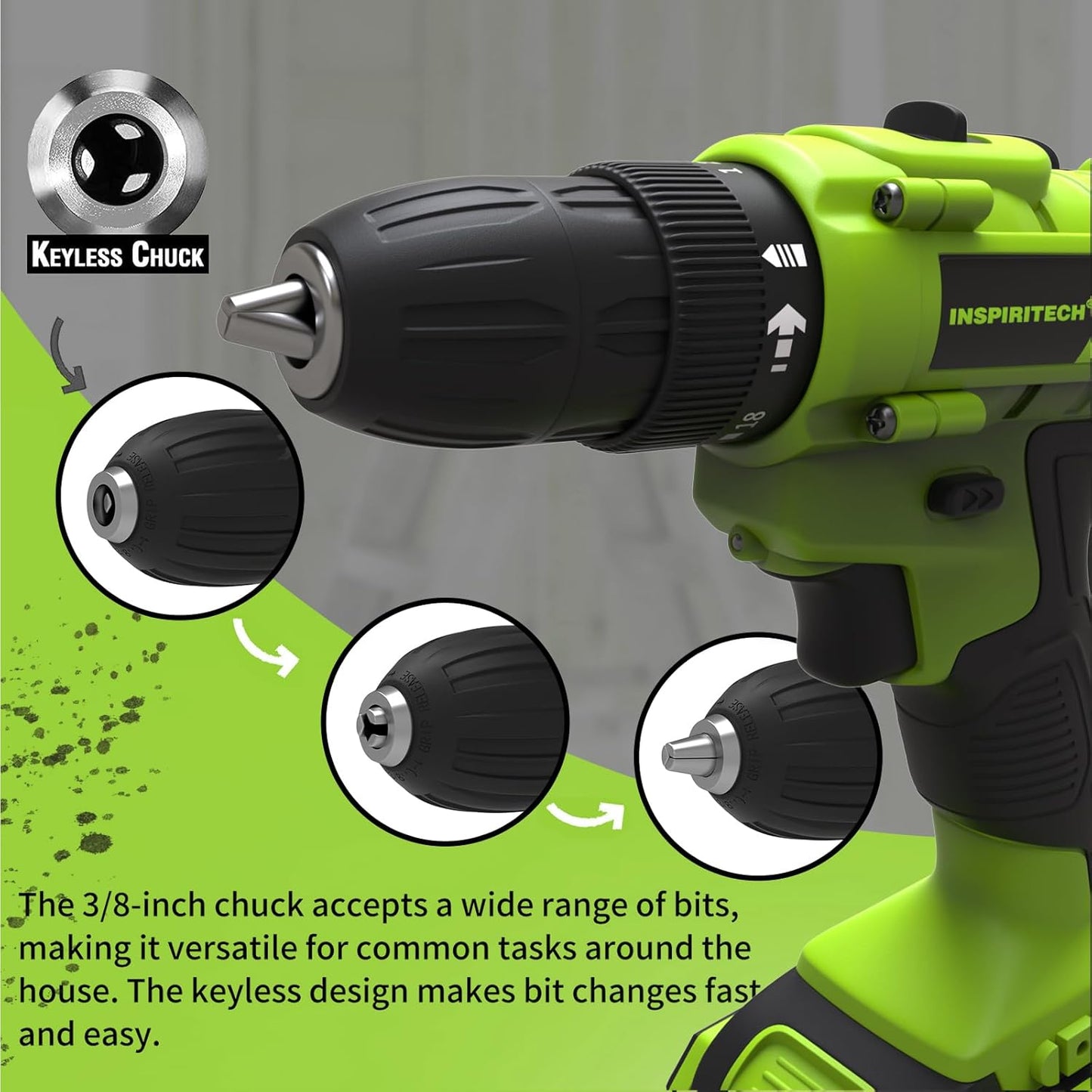 20V Cordless Drill, 2 Batteries, Charger, 3/8In Chuck, Variable Speed, 25+1 Torque Setting