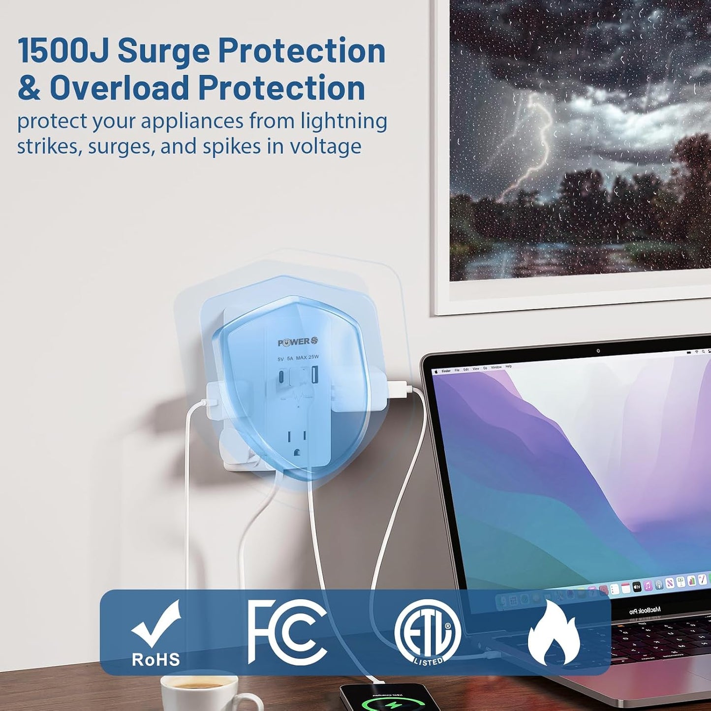 Surge Protector, USB Ports (3C1A), Snug Wall Outlet, Wall Plug Adapter
