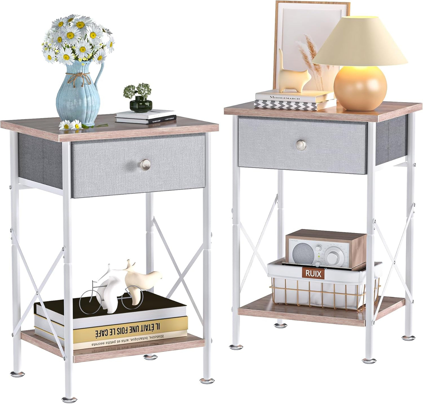 End Tables, Nightstand, Fabric Drawer & Open Shelf, Industrial Metal Frame, Easy Assembly