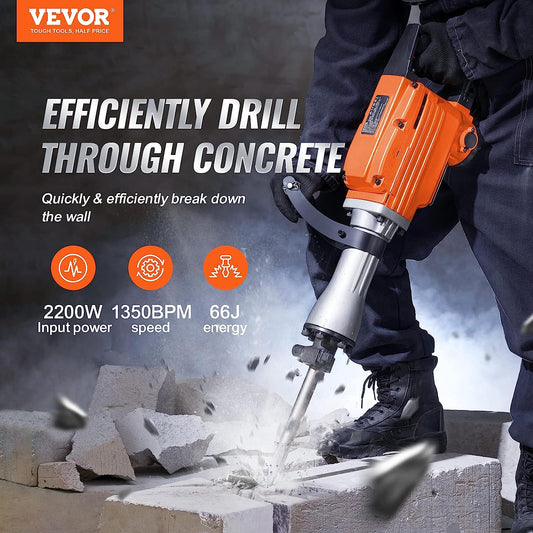 Demolition Jack Hammer, Heavy Duty, 2200W, 1350 BPM, Concrete, 2 Chisels Bit, case