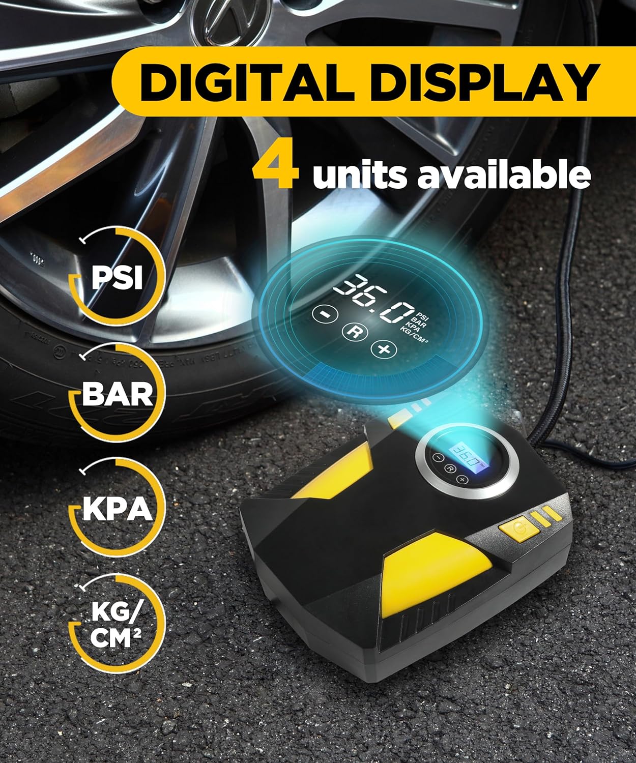 Tire Inflator Portable Air Compressor,12V DC, Digital Pressure Gauge,150 PSI Auto Shut Off LED