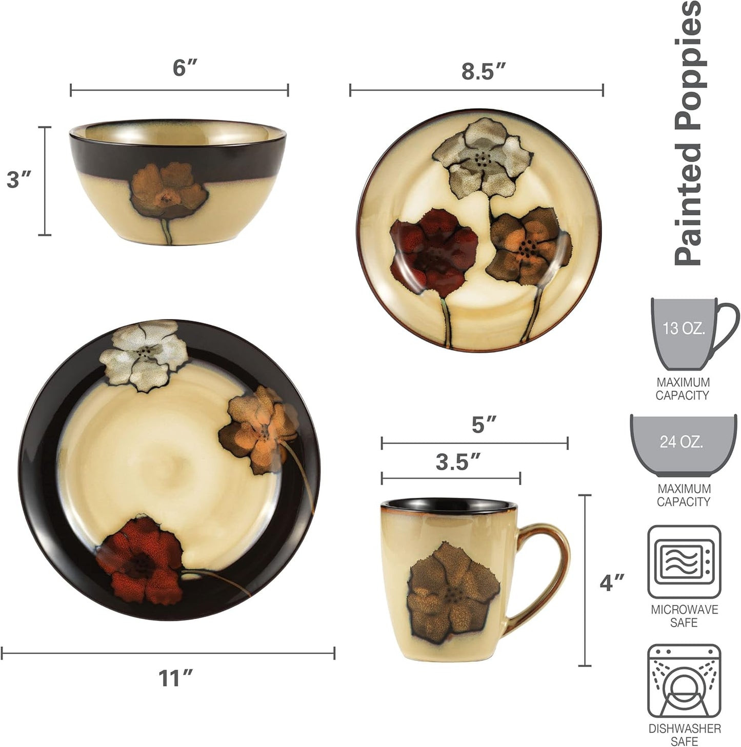 Painted Poppies 16-Piece Dinnerware Set, Service for 4, Floral Stoneware Plates, Bowls & Mugs
