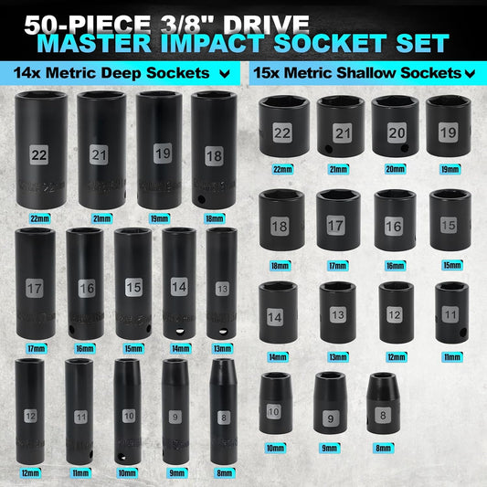 Impact Socket Set, 3/8 inch 50 Pcs, Standard SAE (5/16 to 3/4 inch) and Metric (8-22mm) 6 Point