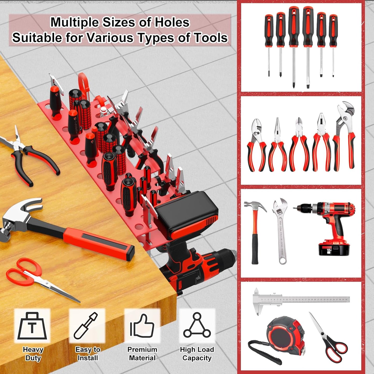 Metal Screwdriver Organizer, Wall Mount Plier Hammer Holder(Red, 1PC)