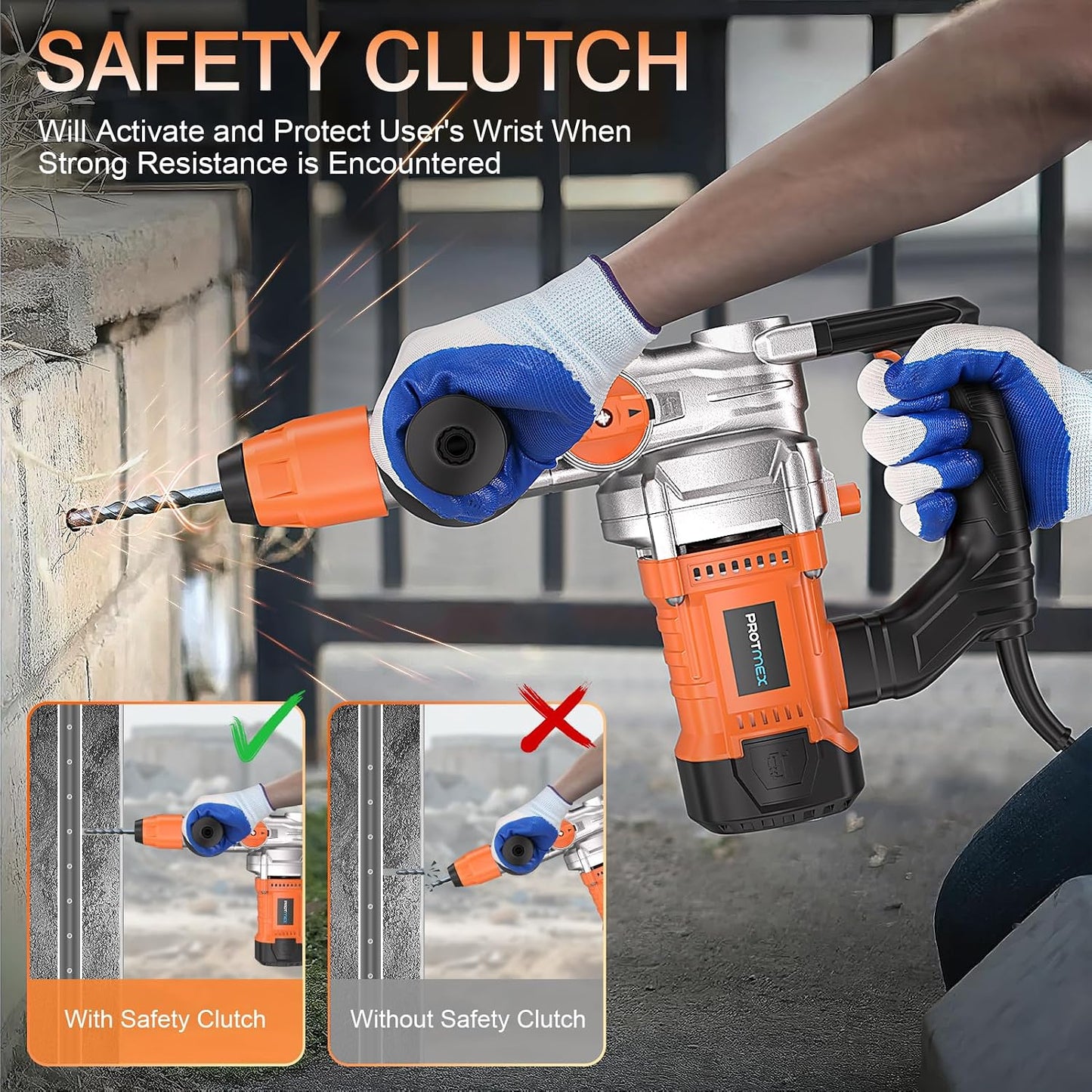 1-1/4 In SDS-Plus 13 Amp Heavy Duty Rotary Hammer Drill, Safety Clutch 3 Functions,VibrationControl