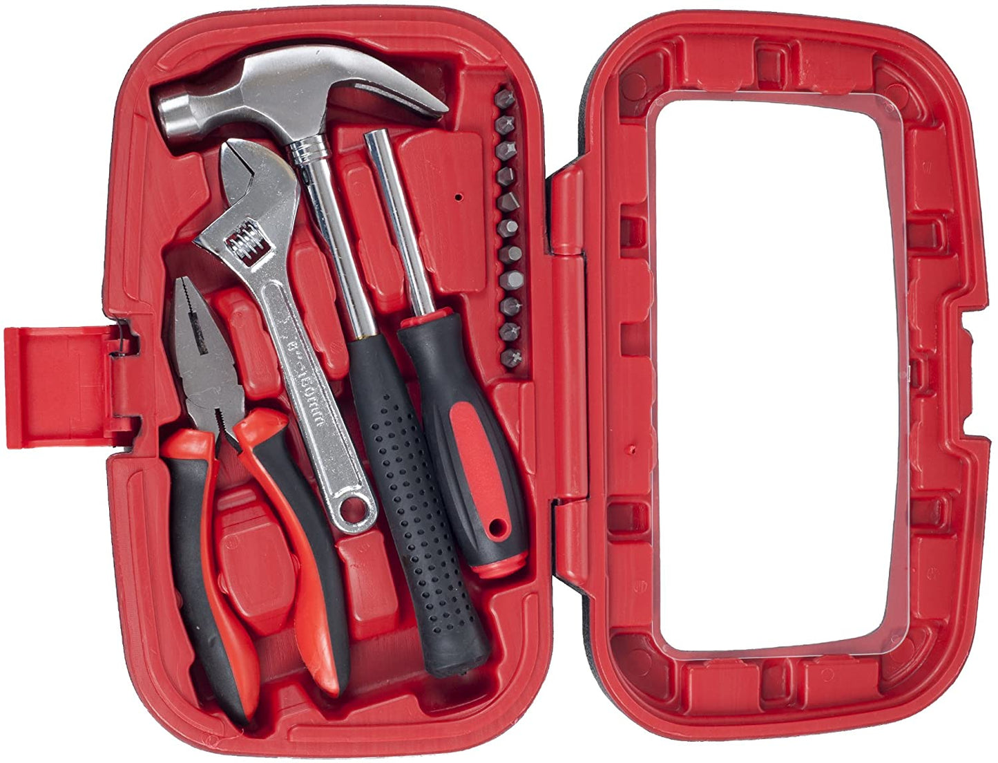 Household Hand Tools, Tool Set - 15 Piece -- Hammer, Wrench, Screwdriver, Pliers - Red