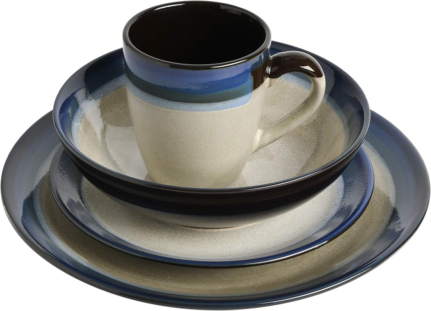 Stoneware Dinnerware Set, Service for 4 (16pcs), Blue & Cream, Oven Microwave Dishwasher safe