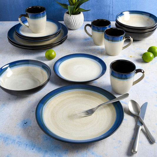 Stoneware Dinnerware Set, Service for 4 (16pcs), Blue & Cream, Oven Microwave Dishwasher safe