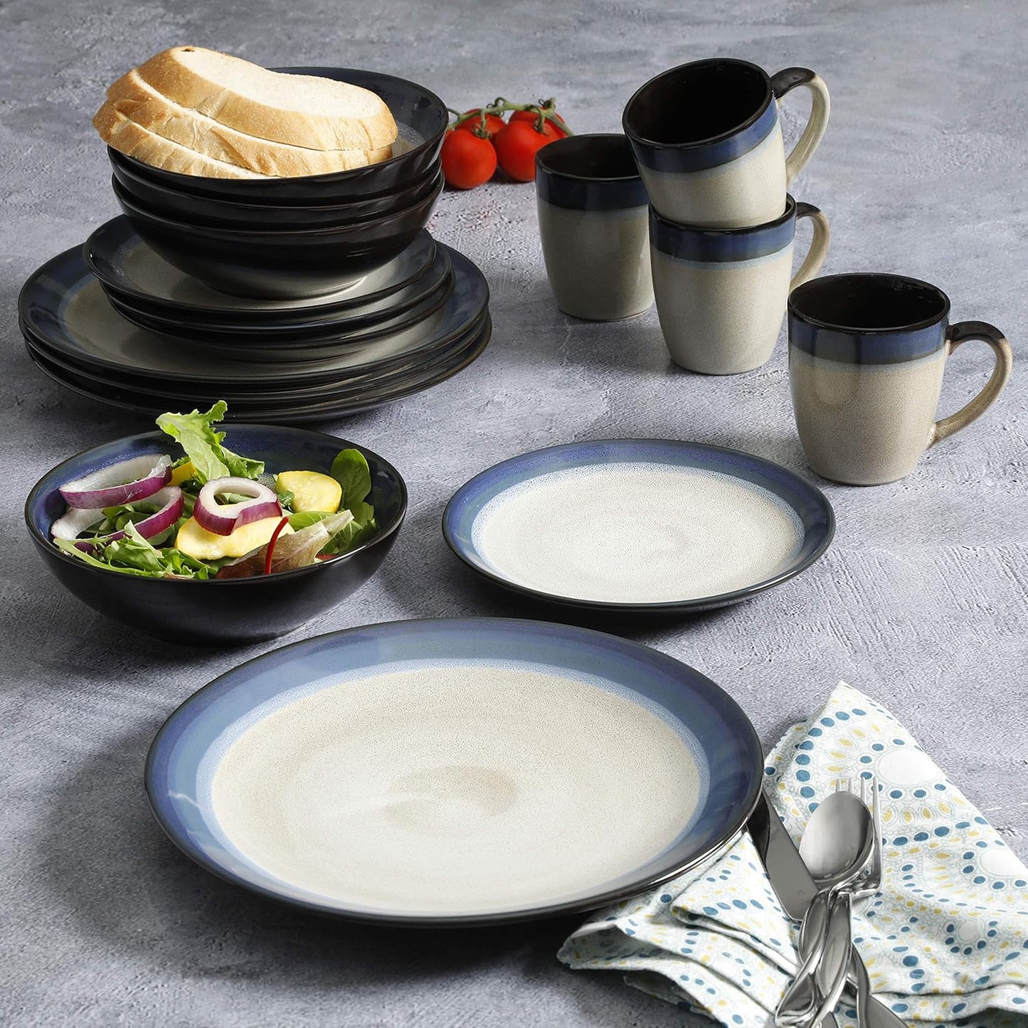 Stoneware Dinnerware Set, Service for 4 (16pcs), Blue & Cream, Oven Microwave Dishwasher safe