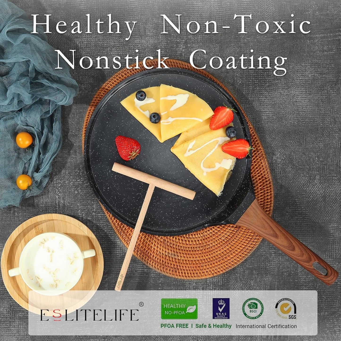 11 In Crepe Pan, Spreader, Nonstick Granite Coating, Induction Compatible, PTFE & PFOA Free