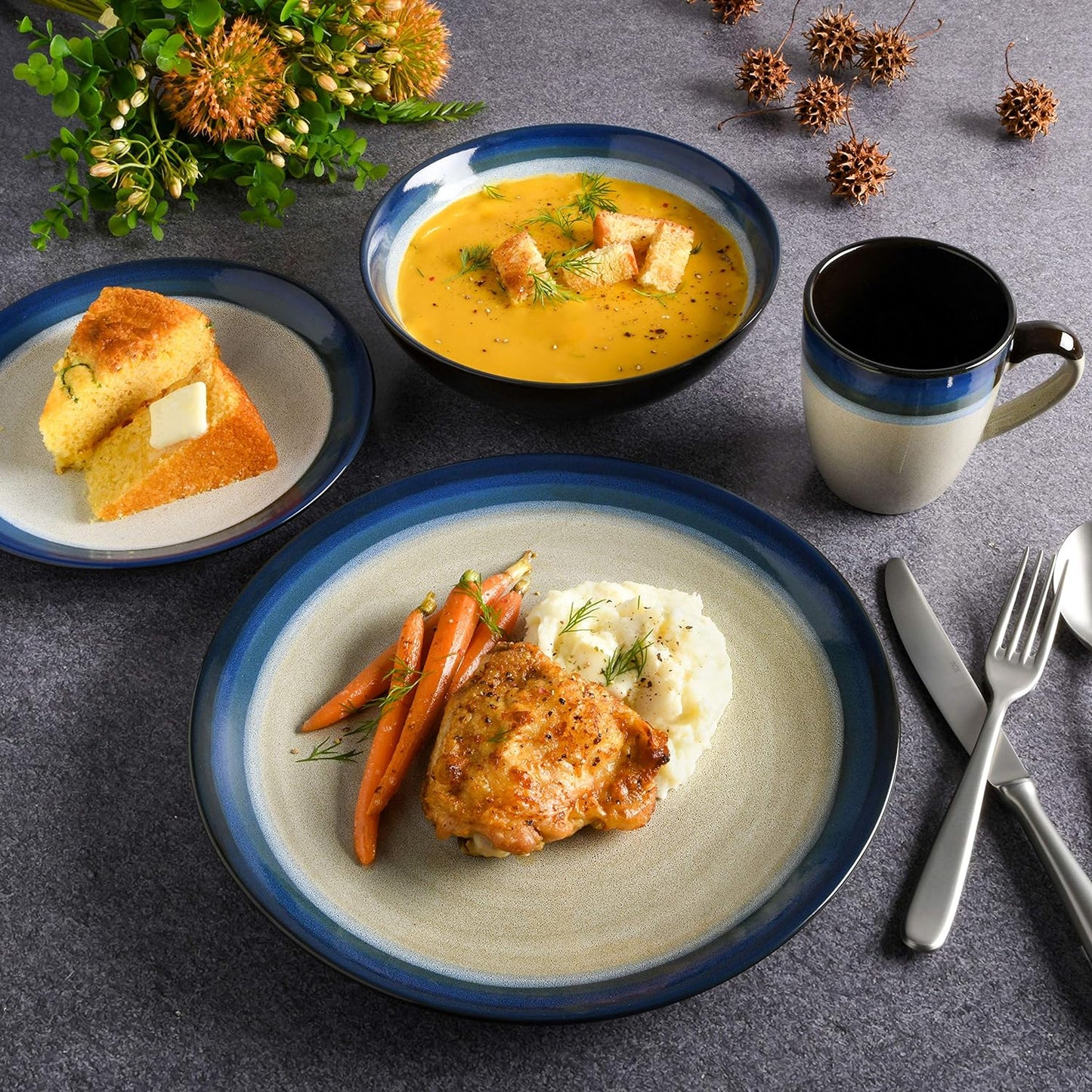 Stoneware Dinnerware Set, Service for 4 (16pcs), Blue & Cream, Oven Microwave Dishwasher safe