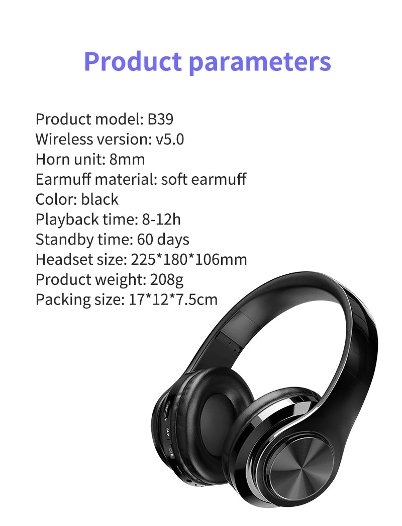 Wireless Bluetooth 5.0 Headphone, Microphone On-Ear Headset Stereo Sound Sports Gaming Foldable