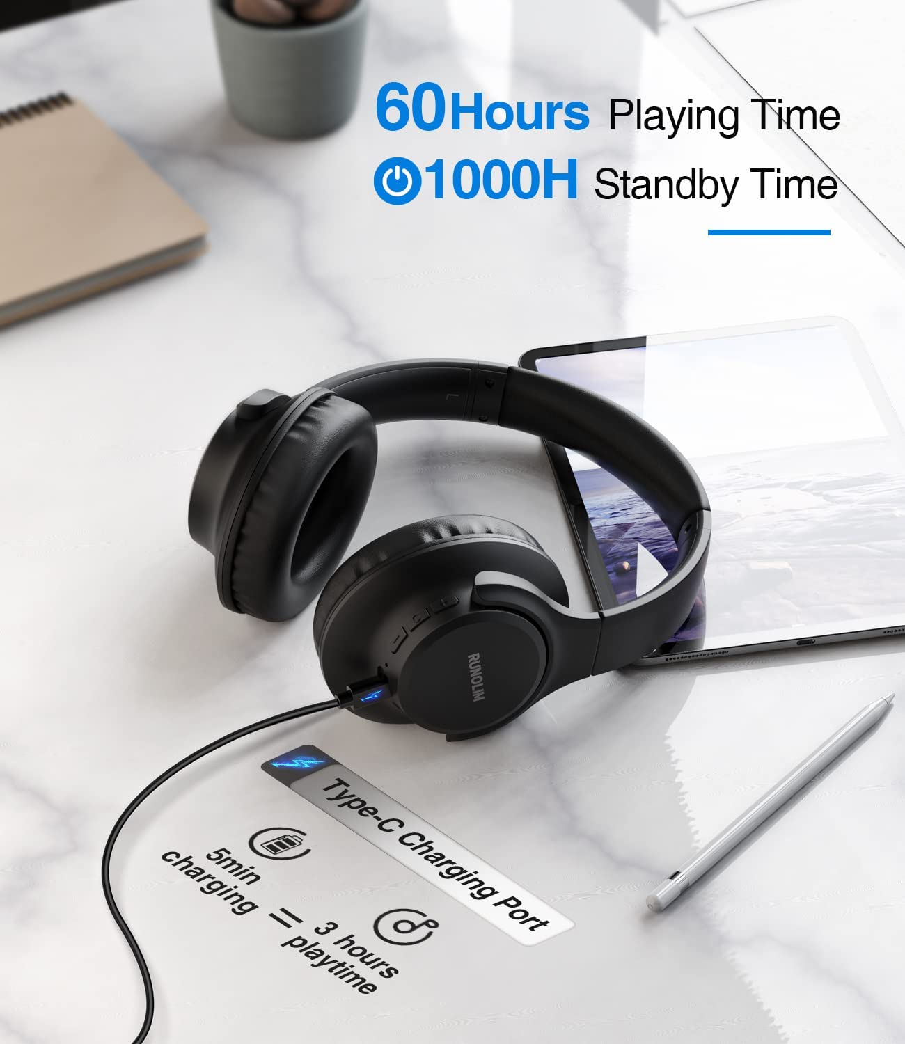 Over Ear Bluetooth Headphones, 60Hrs, Microphone, Deep Bass, Foldable