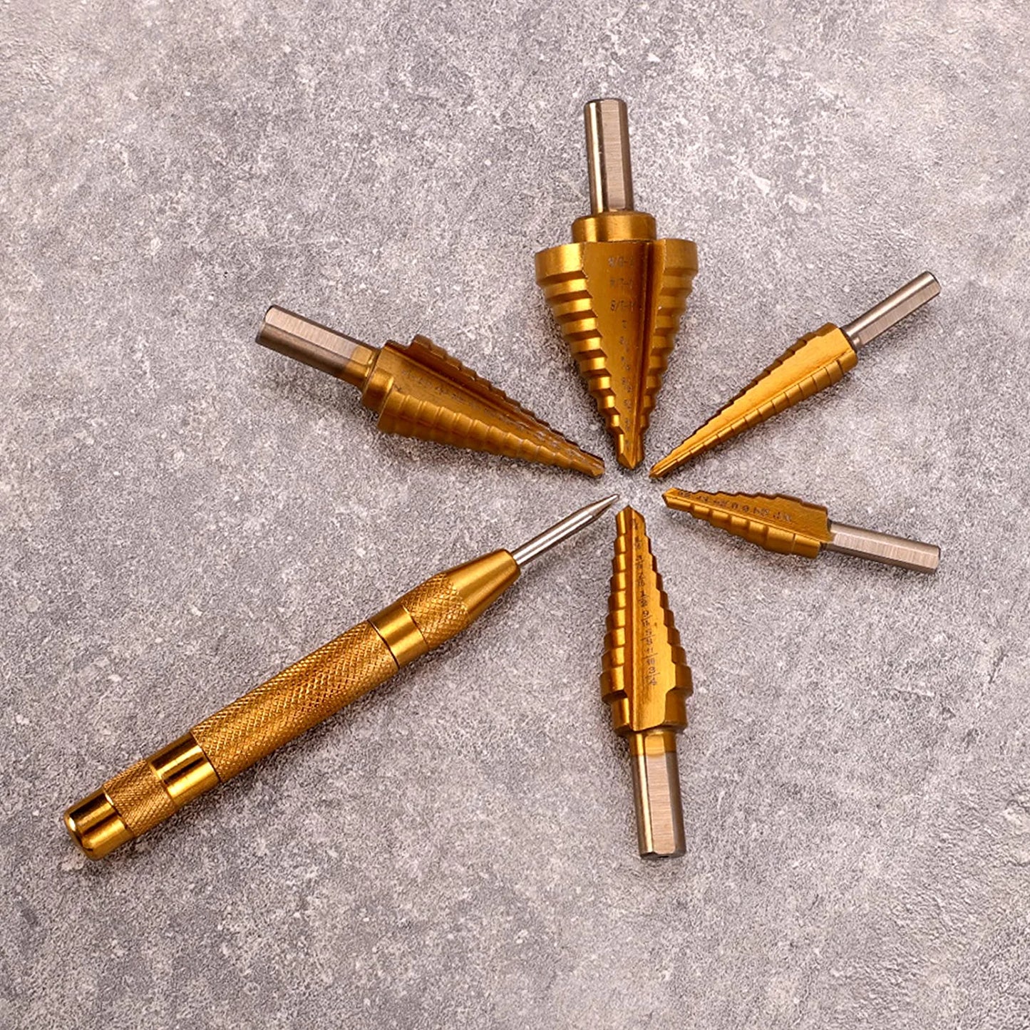 HSS Step Drill Bits,Titanium Coated M35 5pcs, 50 Sizes from 1/8" to 1-3/8”, Aluminum Case