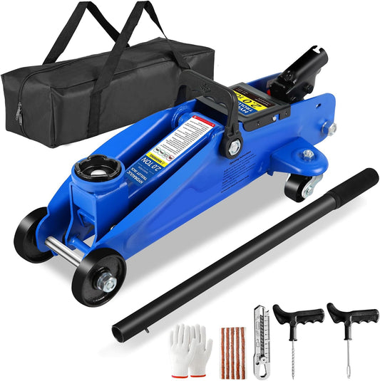 2 Ton Low Profile Floor Jack, Tire Kit, Gloves & Bag, Steel jack, 5.3"-13" lift Overload valve
