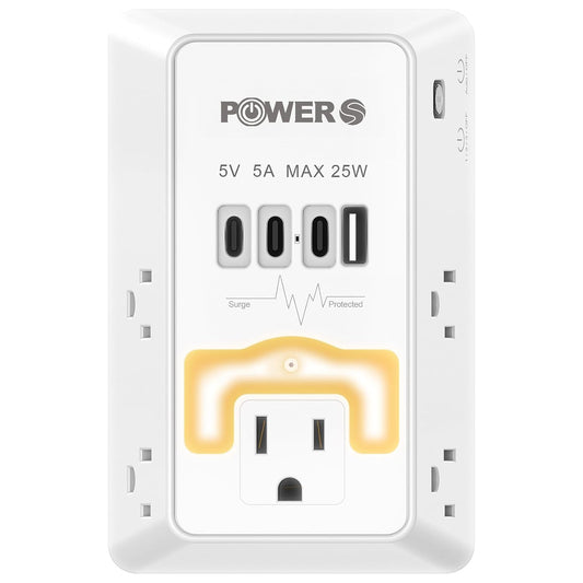 Surge Protector, USB Ports (3C1A), Snug Wall Outlet, Night Light, Wall Plug Adapter