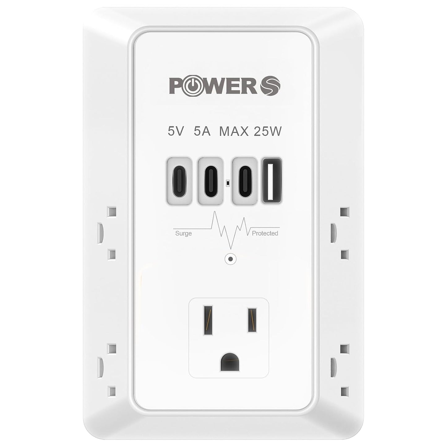 Surge Protector, USB Ports (3C1A), Snug Wall Outlet, Wall Plug Adapter