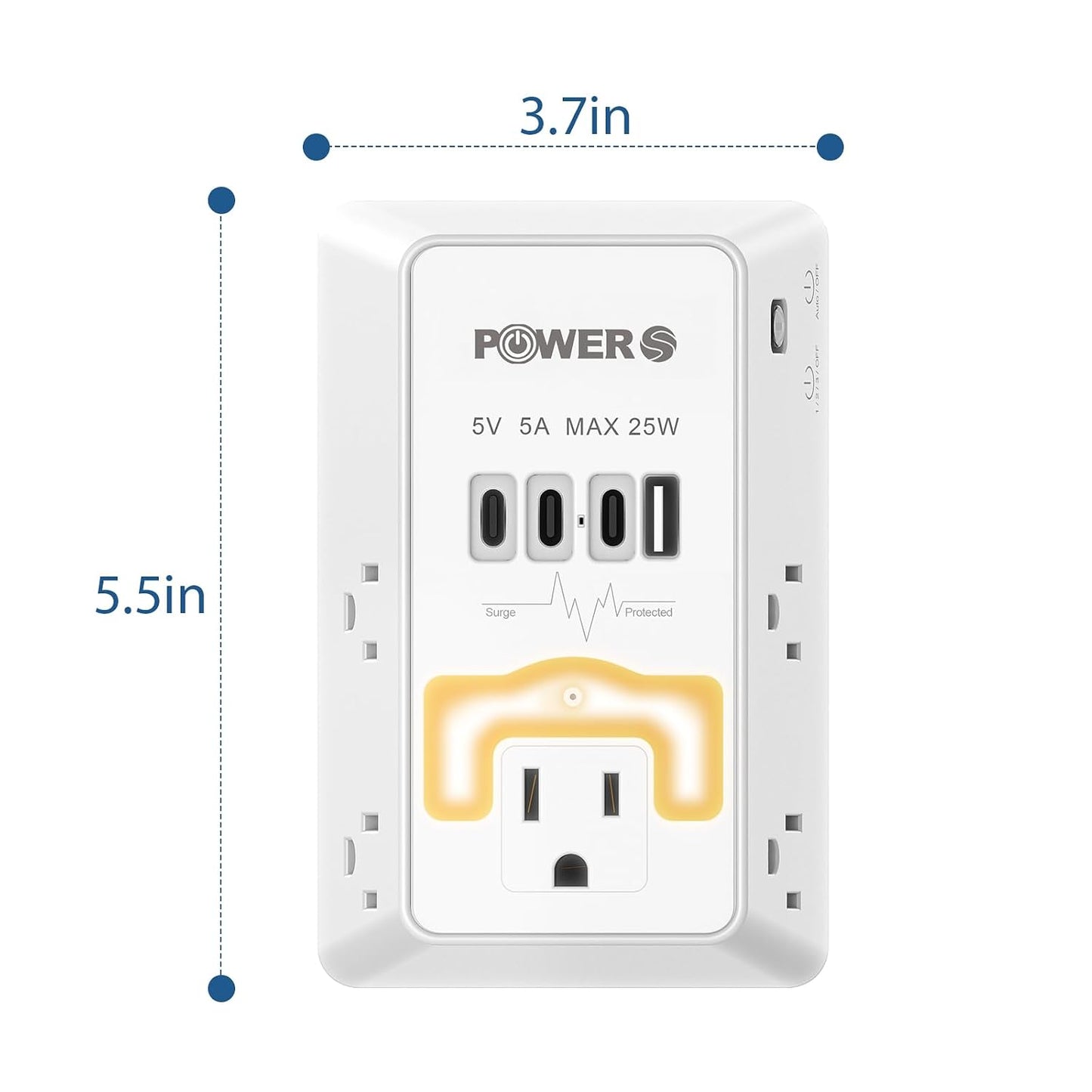 Surge Protector, USB Ports (3C1A), Snug Wall Outlet, Night Light, Wall Plug Adapter