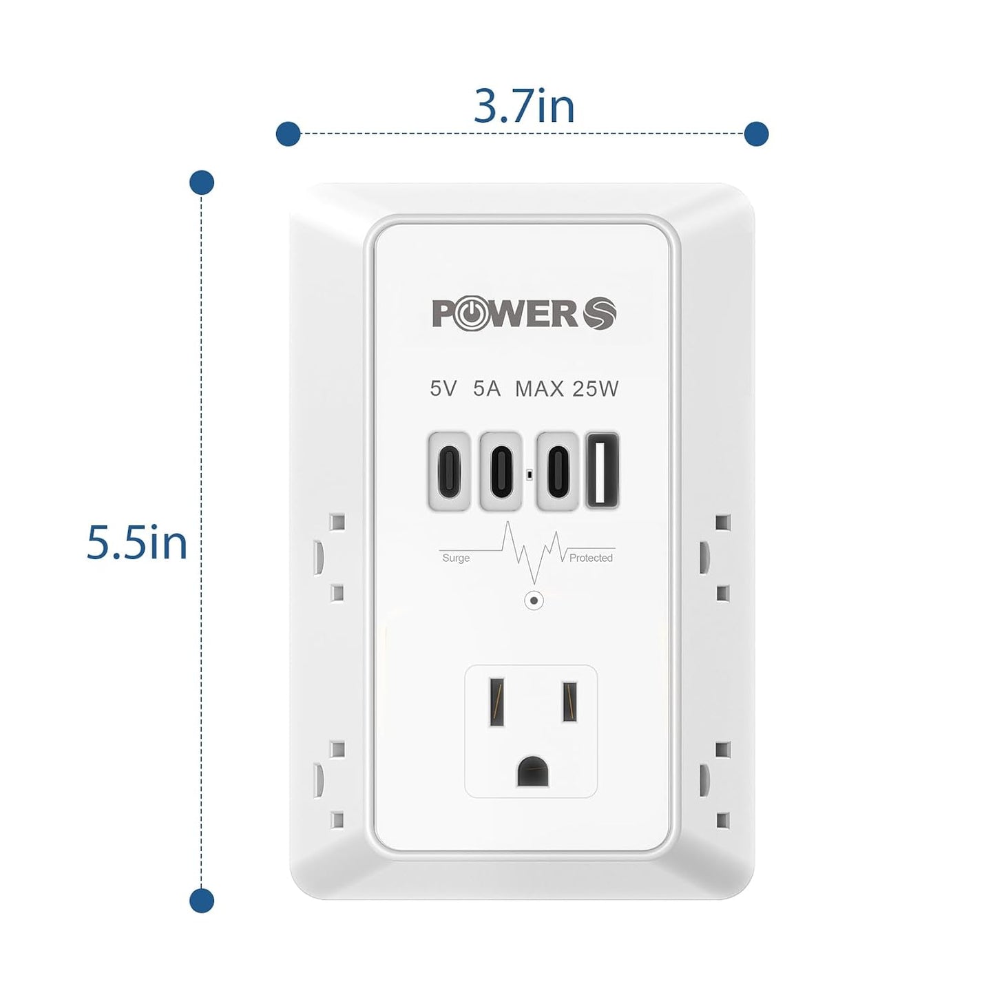 Surge Protector, USB Ports (3C1A), Snug Wall Outlet, Wall Plug Adapter