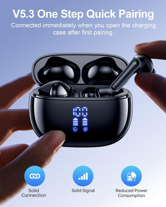 Wireless Earbuds, Bluetooth, 40H Playtime, Stereo Deep Bass, LED Power Display, IPX7, Lightweight, with Mic