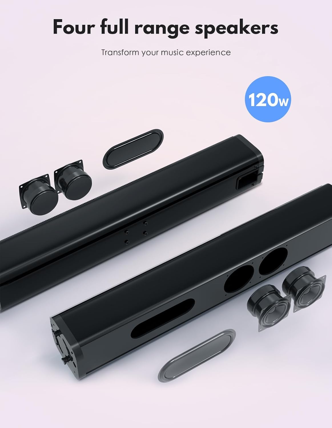2 in 1 Separable Sound Bar &amp; Subwoofer, BT 5.0, ARC/Optical/Aux/USB,Treble/Bass Adjust, 10 EQ Modes