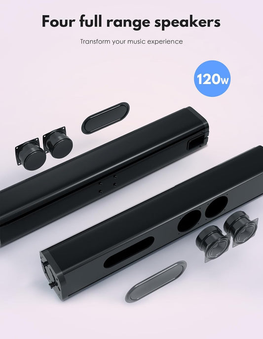 2 in 1 Separable Sound Bar &amp; Subwoofer, BT 5.0, ARC/Optical/Aux/USB,Treble/Bass Adjust, 10 EQ Modes