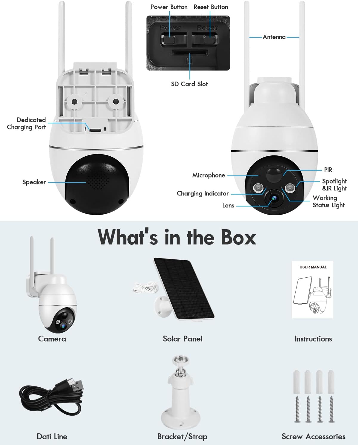 Solar Cameras Wireless Outdoor, 2K PTZ 2.4G Wi-Fi PIR, Color Night Vision, 2-Way Talk, 4dbi, Spotlight/Siren